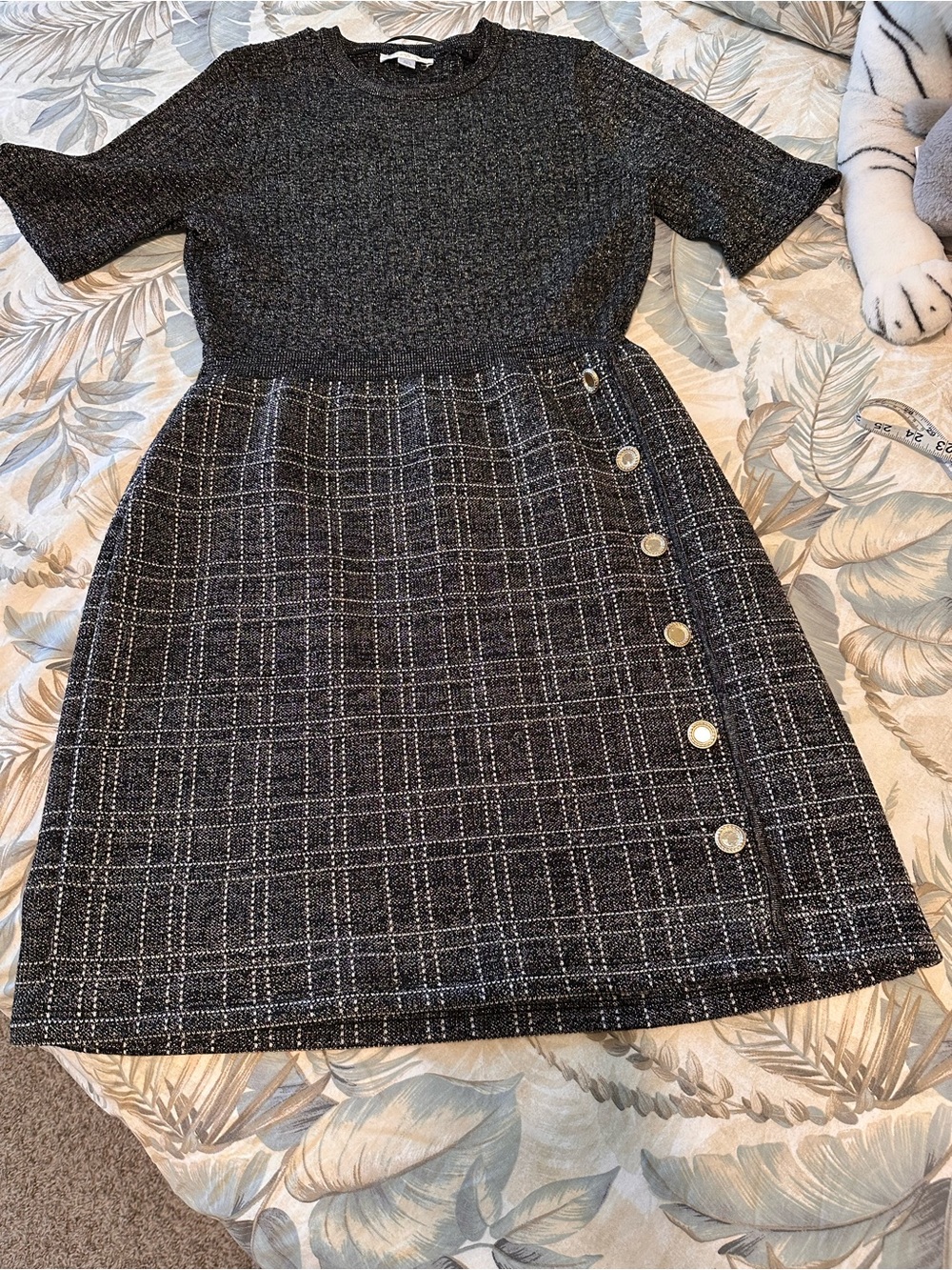 London Times Black and White Tweed A-Line Skirt with Side Buttons